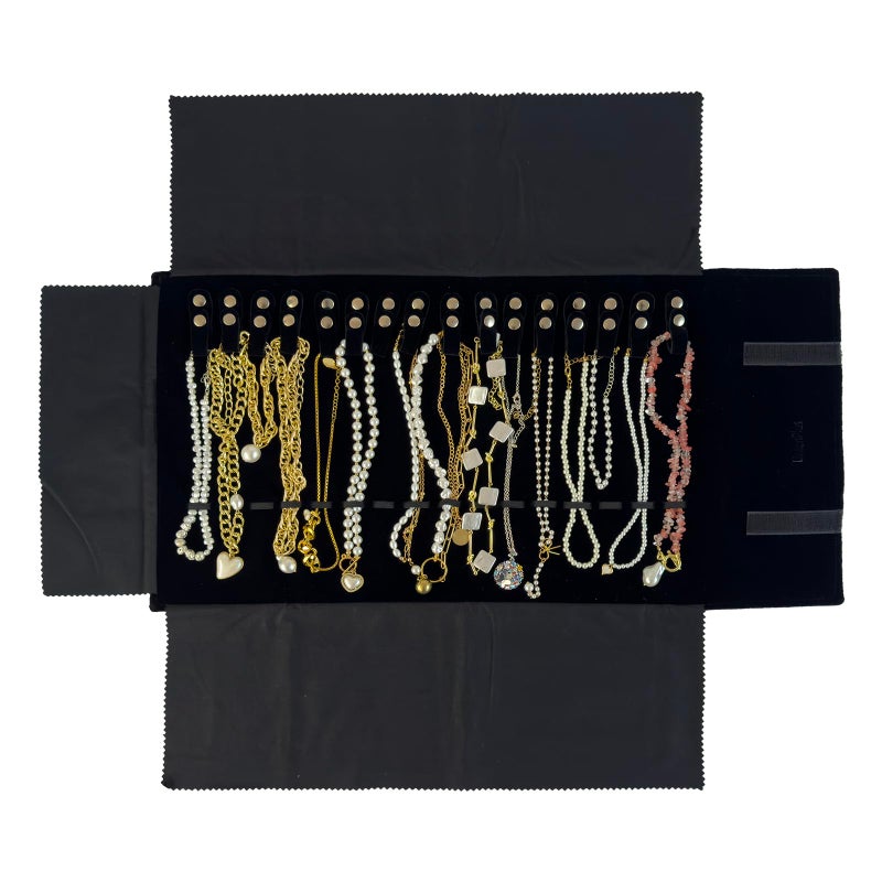UnionPlus Velvet Travel Jewelry Roll Bag Organizer for Necklace, Elastic Band and Anti-winding, Black - Image 1